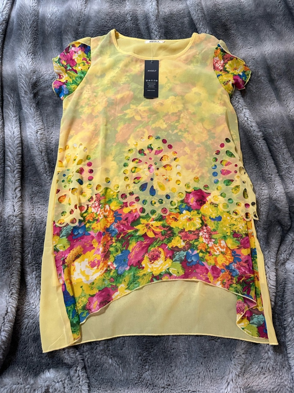 ANILEY Yellow Floral Laser-Cut Short Sleeve Tunic